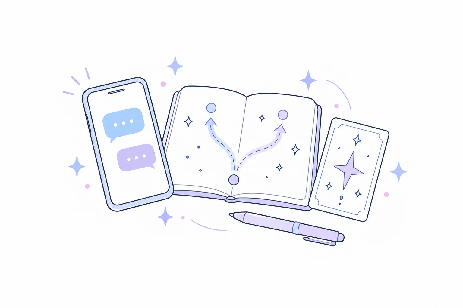 AIとの会話を示すスマートフォンと、二つの選択肢に分かれる道を描いたノート。